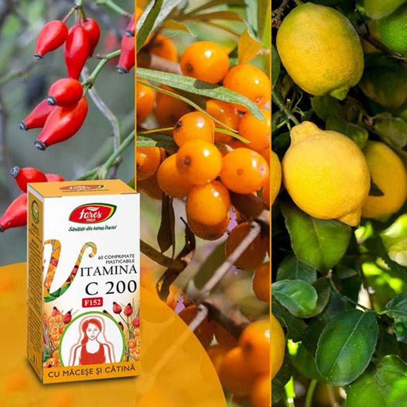 Vitamina C 200 mg cu Macese si Catina, F152, 60 comprimate masticabile, Fares - Delumani - Magazin Online Romanesc 
